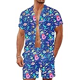 LESOCUSTOM 80s 90s Men's Hawaiian Outfits 2 Piece Shirt and Shorts Sets Button Down Beach Suits Disco Party