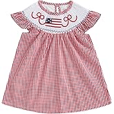 Lucikamy Toddler Baby Girl 4th of July Outfit Flag/Bow Embroidery Smocked Dresses Fourth of July Dress Patriotic Clothes