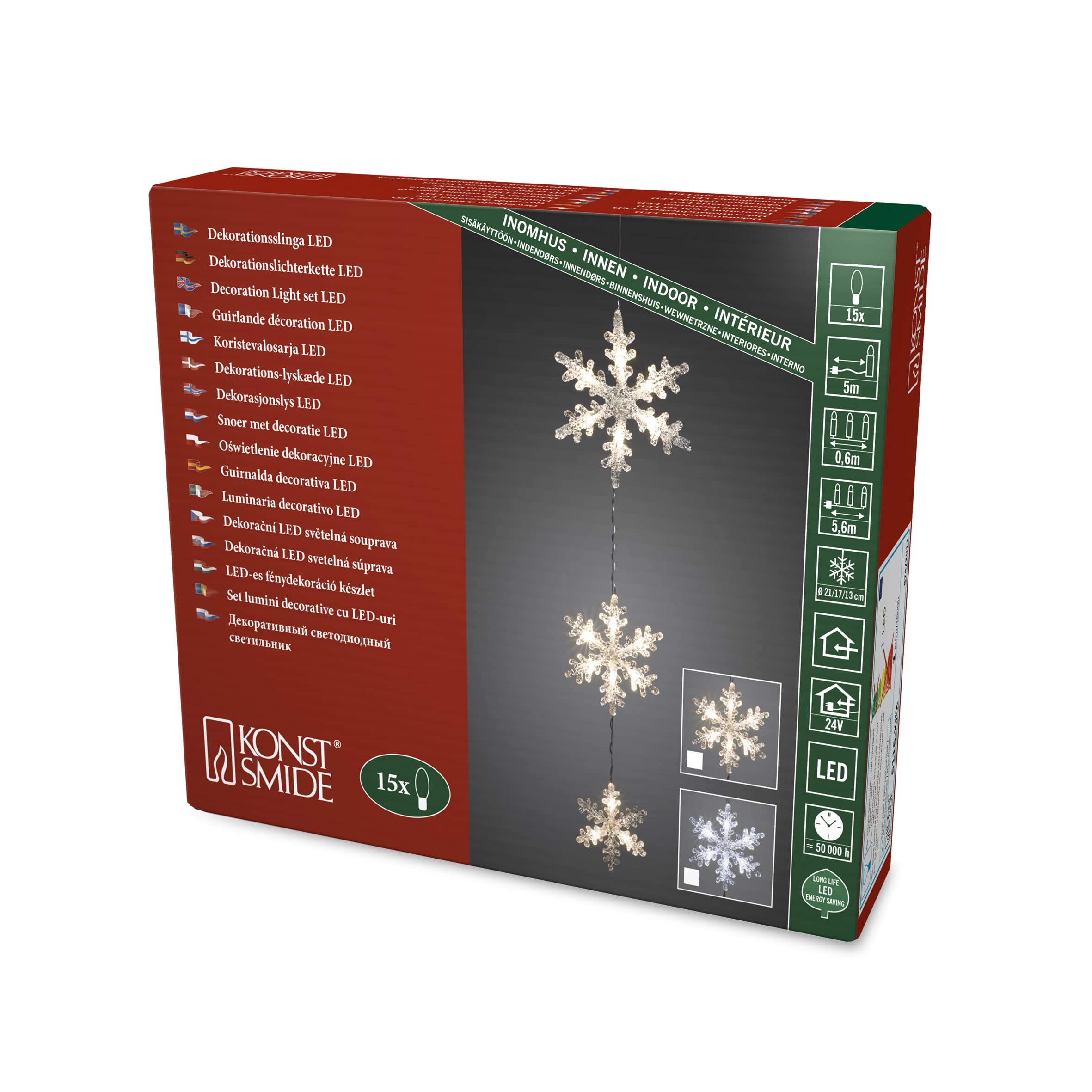 Konstsmide 6116-103 LED Light Curtain, 3 Acrylic Snowflakes, 15 Warm White Diodes, 24 V Internal Transformer, Transparent Cable