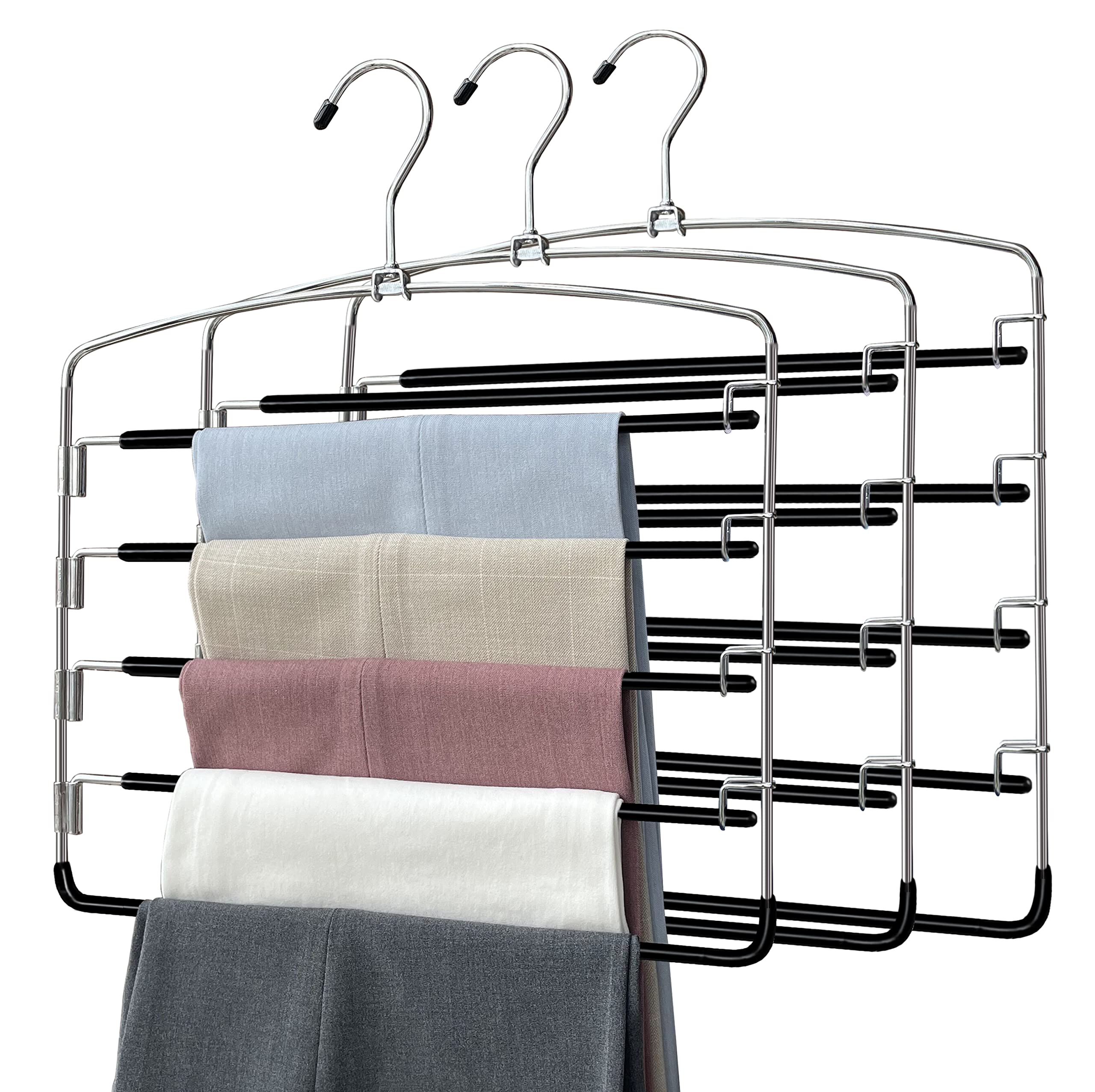 Pants Hangers 3 Pieces,5 Tier Closet Organizers and Storage Clothes Hanger,Hangers Space Saving with Swing Arm,Multiple Metal Hanger Clothes Organization for Pants Trousers Jeans Leggings Slacks