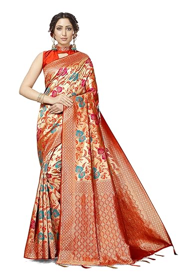Divaastha Orange Lichi Silk Floral Print Saree with Blouse Piece (APP006ORANGE)