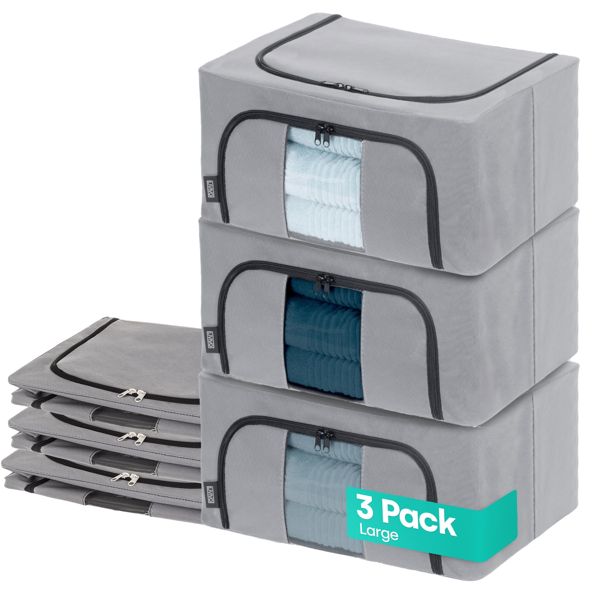 LIVIVO Set of 3 Storage Bags Boxes Organiser Double Opening Zips Clear Windows – Great for Storing Duvets Blankets, Bedding, Clothes Towels, Sweaters Toys - 24L Under Bed Closet Wardrobe Box