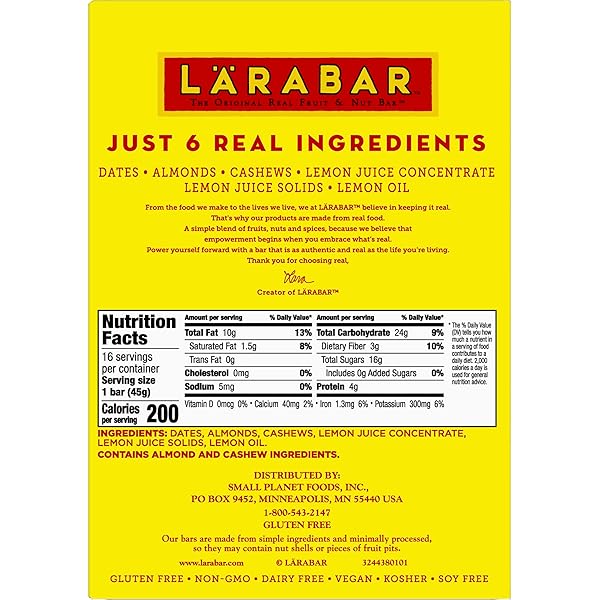 LARABAR LEMON BAR FRUIT AND NUT BARS, GLUTEN FREE AND VEGAN, 25.6 OZ, 16 CT