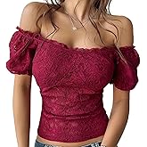 KWSTAIN Lace Tops for Women Off Shoulder Going Out Tops Sexy Sheer Mesh Puff Short Sleeve Summer Crop Floral Corset Top