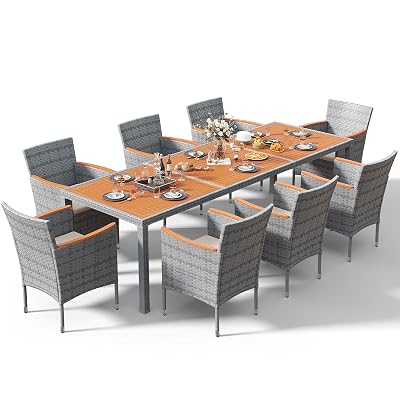 Devoko Outdoor Patio Dining Sets 9 Pieces Wicker Outdoor Dining Table and Chairs Set with Acacia Wood Table Top and Widened Armrests for Backyard, Garden, Deck (Grey)
