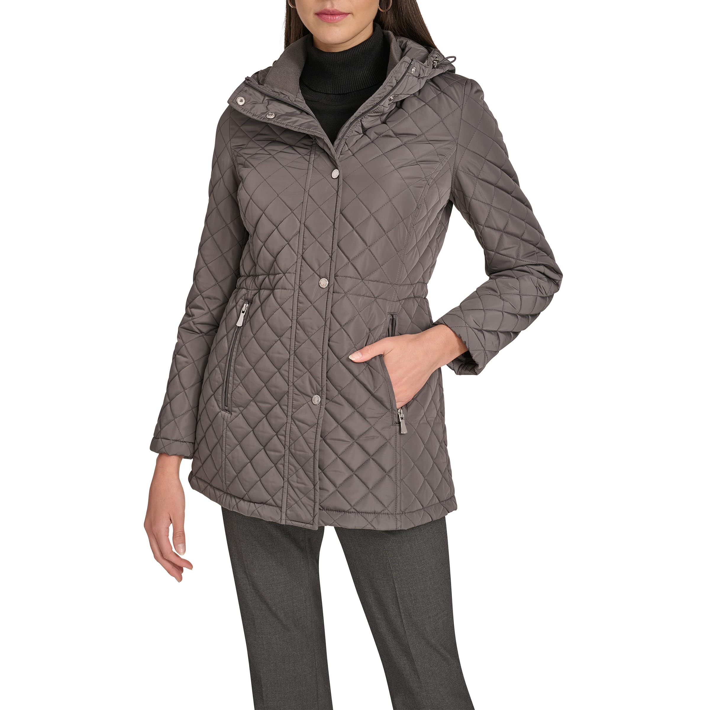 Calvin Klein Women’s Hooded Quilted Jacket – Classic Diamond Stitch Long Coat with Pockets, Titan, S