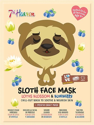 7th Heaven Sloth Face Sheet Mask Lotus Blossom Blueberry for Kids