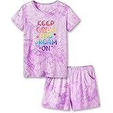 Beezizac Tie Dye Pajamas for Girls - 100% Cotton Glitter Butterfly Cat Summer Short Sleeve PJ Set Tween Clothes Size 4T - 18