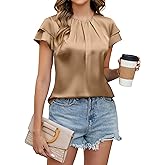 Blooming Jelly Women's Dressy Business Casual Pleated Ruffle Short Sleeve Satin Silk Work Blouse