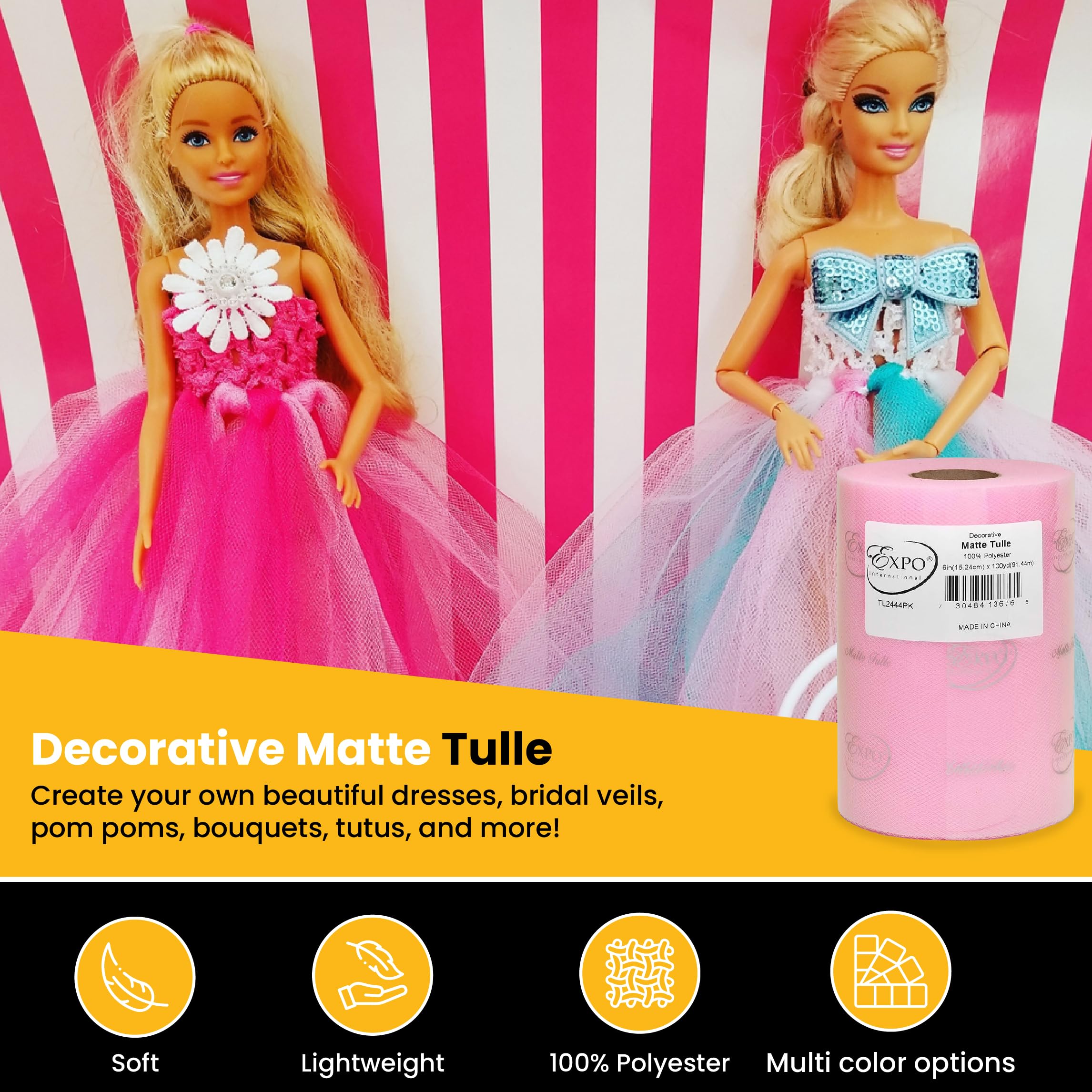 Expo International Matte Decorative Tulle Roll, 6 Inch x 100 Yards, Pink