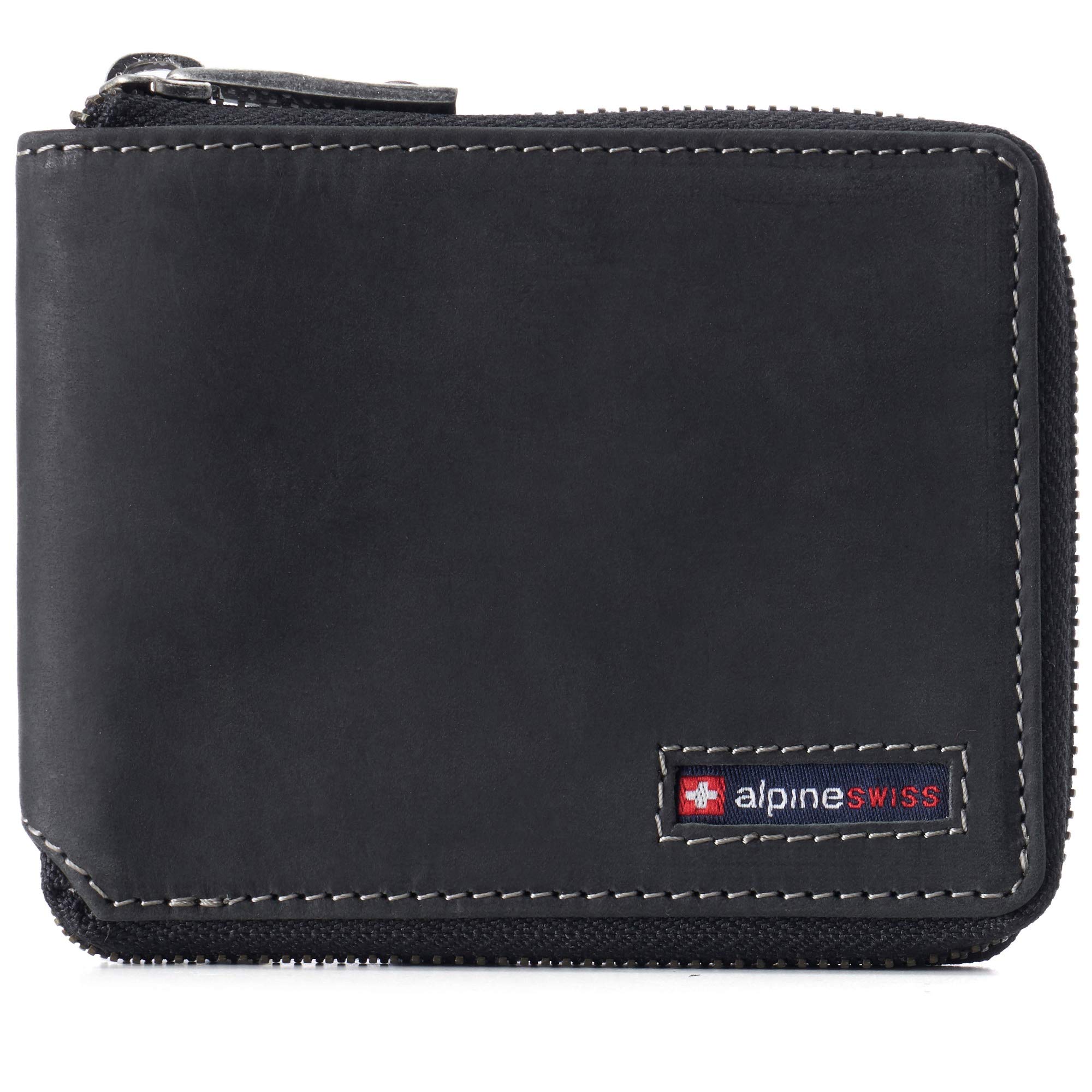 alpine swiss Logan Zipper Bifold Wallet | All-Around Zip Closure | 13 Card Slots 2 Bill Sections | RFID Protected Premium Leather | Gift Box Nubuck Black