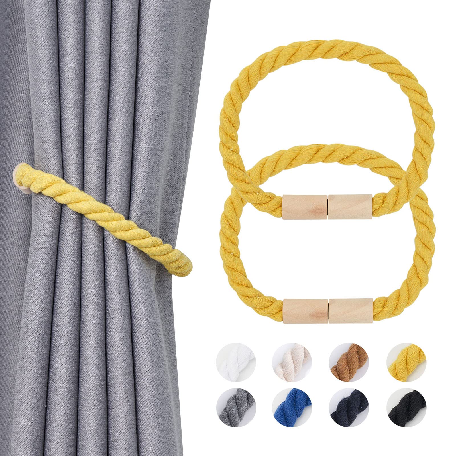 Pretty Jolly 2 Pack Wooden Magnetic Curtain Tiebacks Boho Home Decoration Drape Tie Backs Natural Cotton Handmade Rope Curtain Holdbacks for Thin or Thick Home & Office Window Drapery (Yellow)