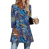 AKEWEI Womens Blouses Casual 3/4 Sleeve Tops for Women V Neck Tunics to Wear with Leggings Swing Flare