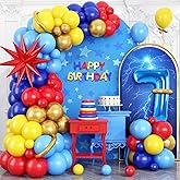 Red Blue Yellow 7th Birthday Balloons Arch, Royal Blue Metallic Gold Balloon Garland Kit, Red Star Foil Blue Number 7 Balloon Tower for 7 Year Old Kids Boys Birthday Baby Shower Party Decorations