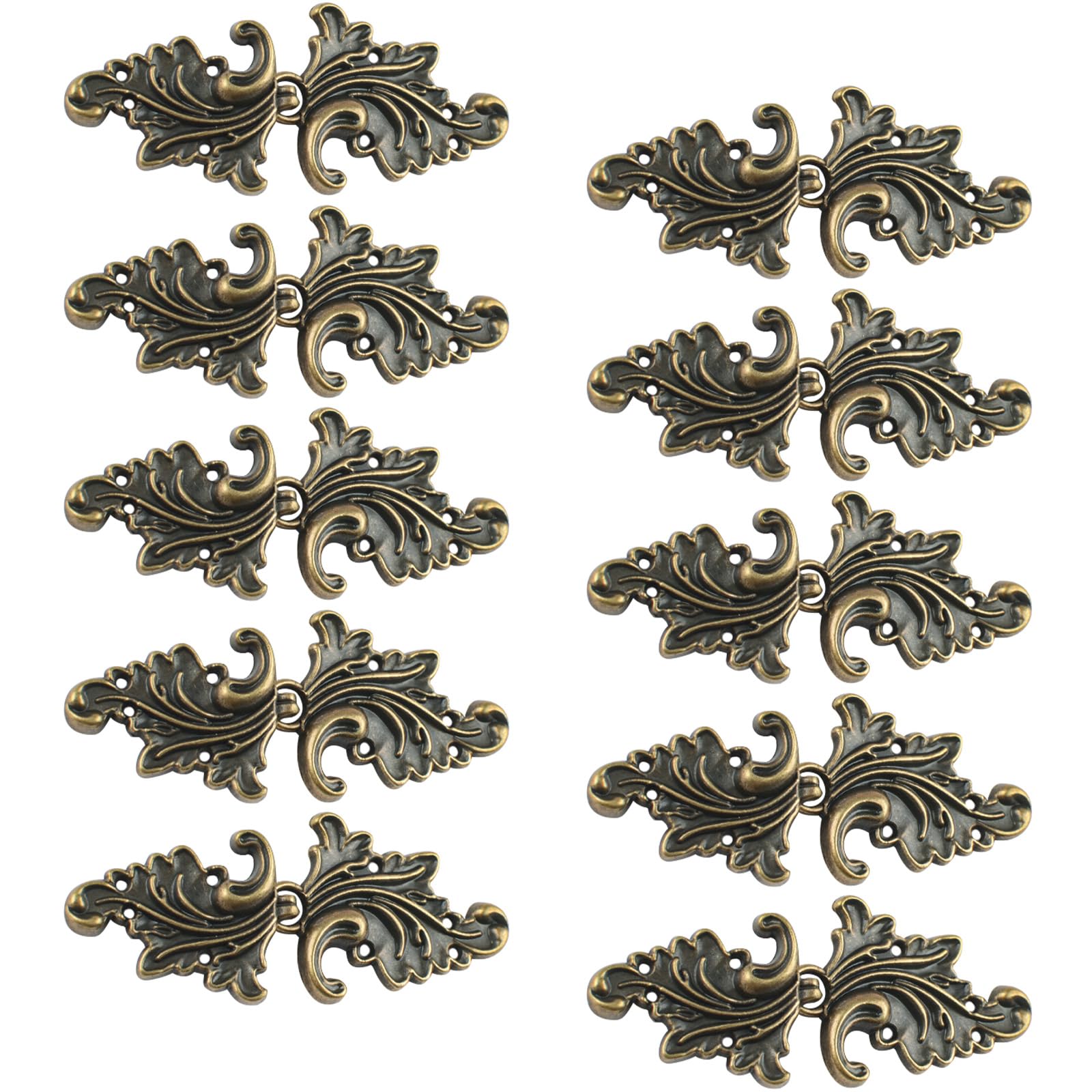 CRAFFANCY Cloak Clasp Fasteners, 10 Pairs Vintage Cape Sew On Hooks and Eyes Clasps Swirl Leaf Shape Cardigan Clips for Clothing Sweater Shawl, Antique (Style A)