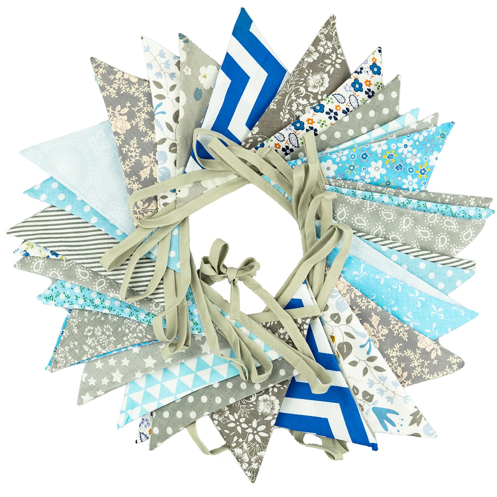 36PCS Large Fabric Bunting Banner-10M Two Layer Triangle Flag Garland-17x19CM Double Sided Floral Pennants for Wedding Birthday Parties Decoration -Grey and Blue