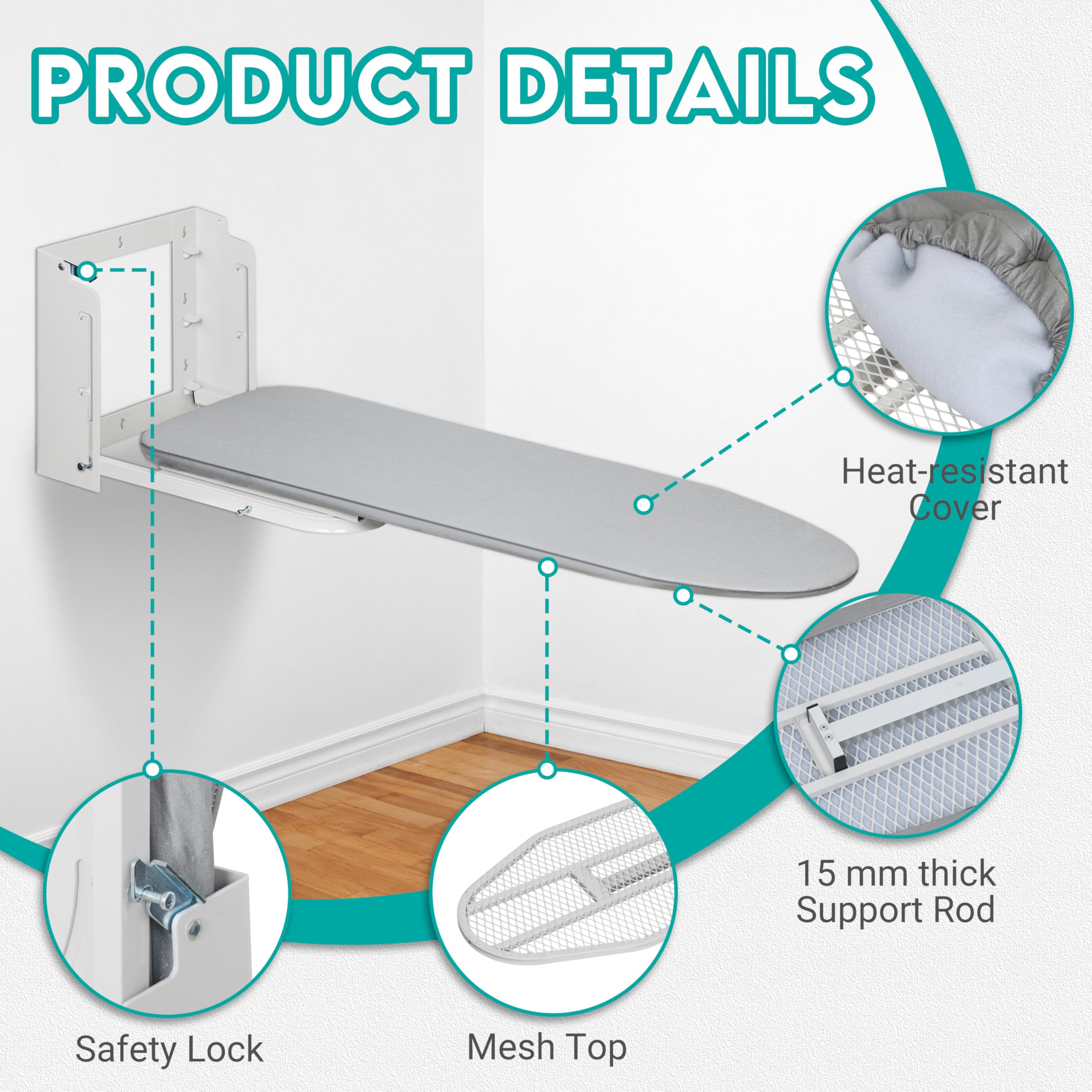 Wall Mounted Ironing Board, 180 Rotation, Space-Saving Fold Down, 36