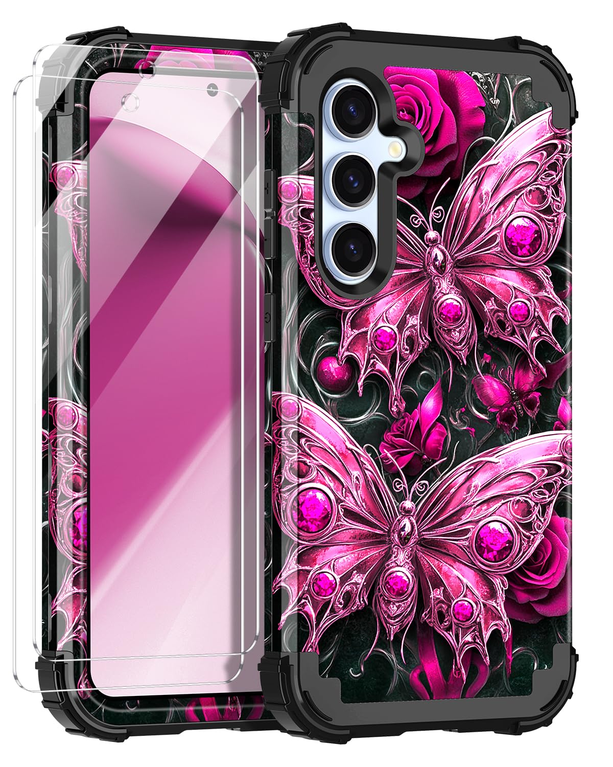 Miqala for Galaxy S24 FE 5G Case,Glow in The Dark Three Layer Heavy Duty Shockproof Full Body Hard Plastic Bumper+Soft Silicone Protective Case for Samsung Galaxy S24 FE 5G,Black/Red