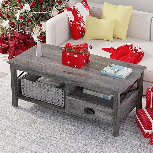 LGHM Coffee Table, Farmhouse Coffee Table with Storage Drawer and