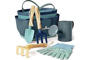 KINDERIFIC Gardening Set, Tool Kit, for Kids, STEM, Includes Tote Bag, Spade, Watering Can, Rake, Fork, Trowel and Gloves (Ocean Blue)