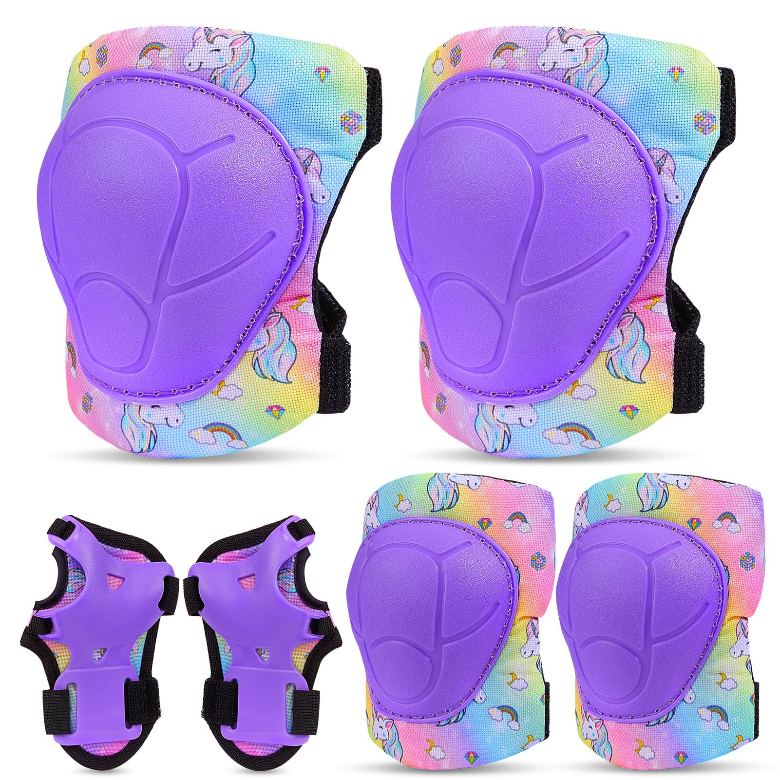 Unicorn Castle Knee and Elbow Pads Wrist Guards Set for Kids with Drawstring Bag 6 in 1 Adjustable Protective Gear Set,3-8yrs