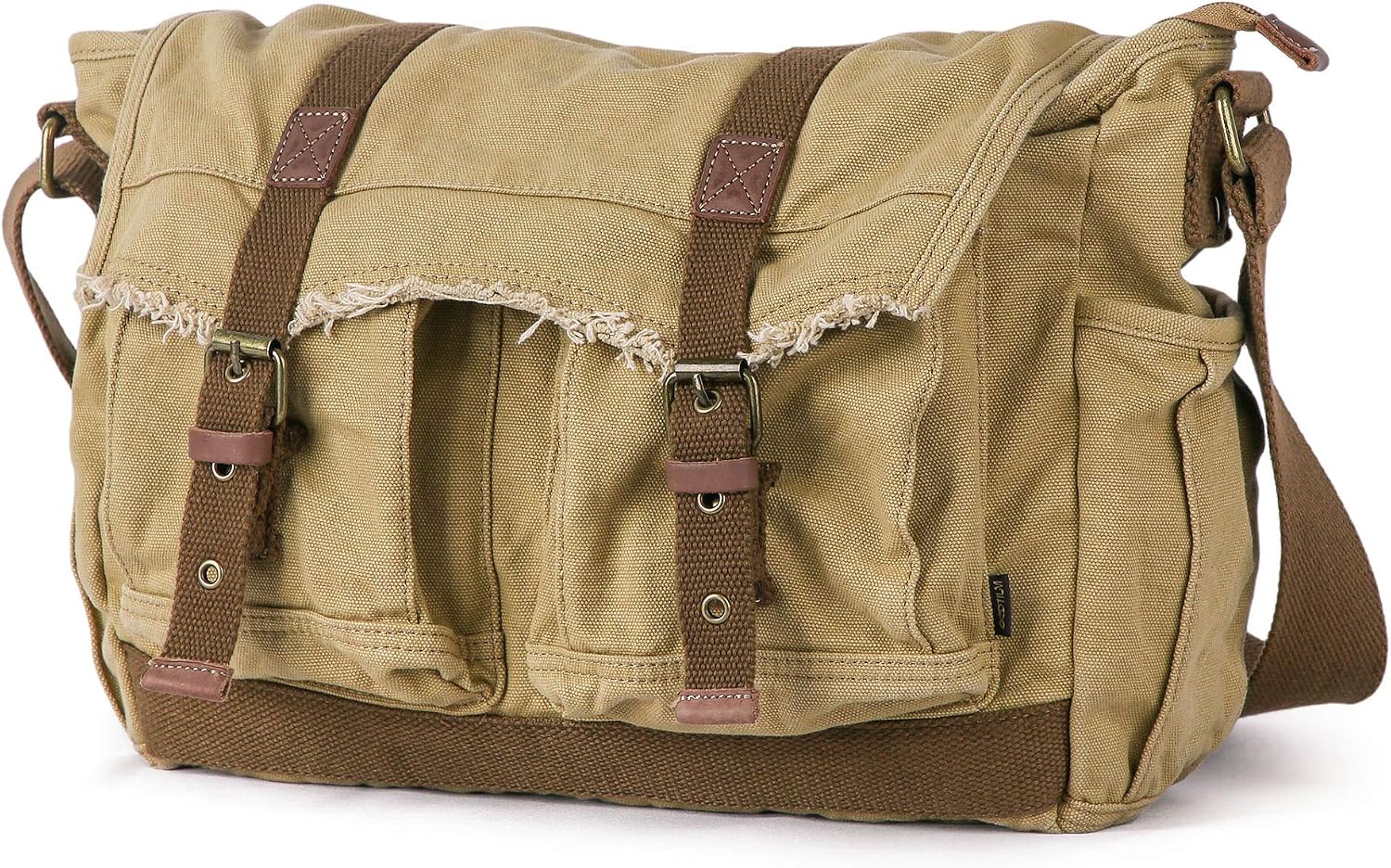 GOOTIUM Canvas Messenger Bag - Vintage Shoulder Bag Frayed Style Satchel, Khaki - Image 3