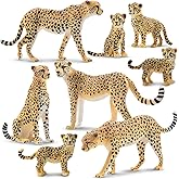 Toymany 8PCS Realistic Cheetah Figurines Toy, Cake Topper &amp; Gift for Kids | Plastic Jungle Zoo Animals Figures with Cubs, Educational Toy, Christmas Birthday Gift for Children