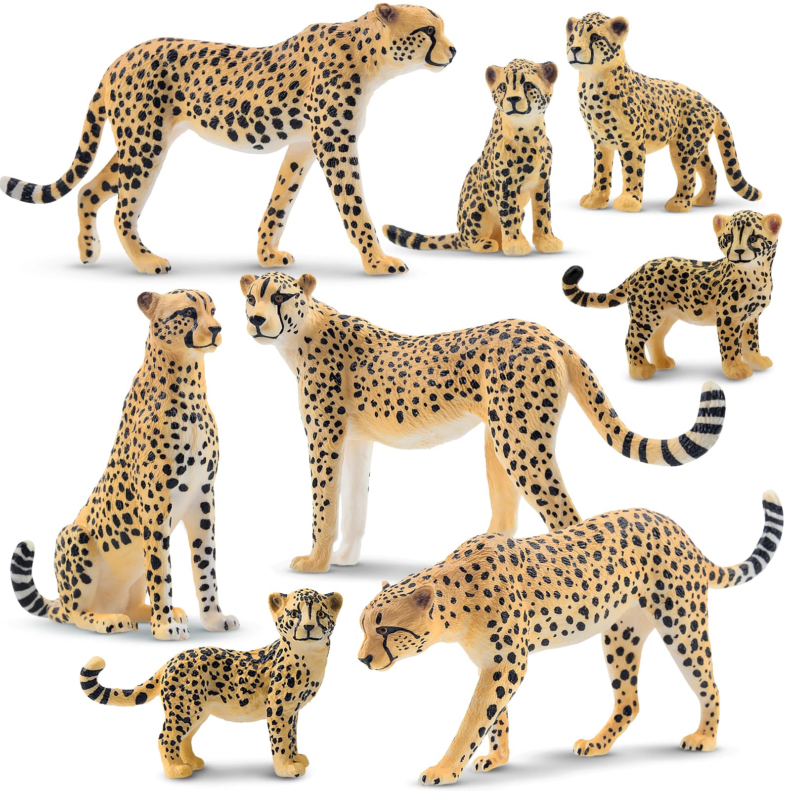 toymany 8PCS Cheetah Figurines with Cubs, Realistic Jungle Animals Figures Family Set, Wildlife Figure, Educational Toy Cake Toppers Christmas Birthday Gift for Kids Toddlers