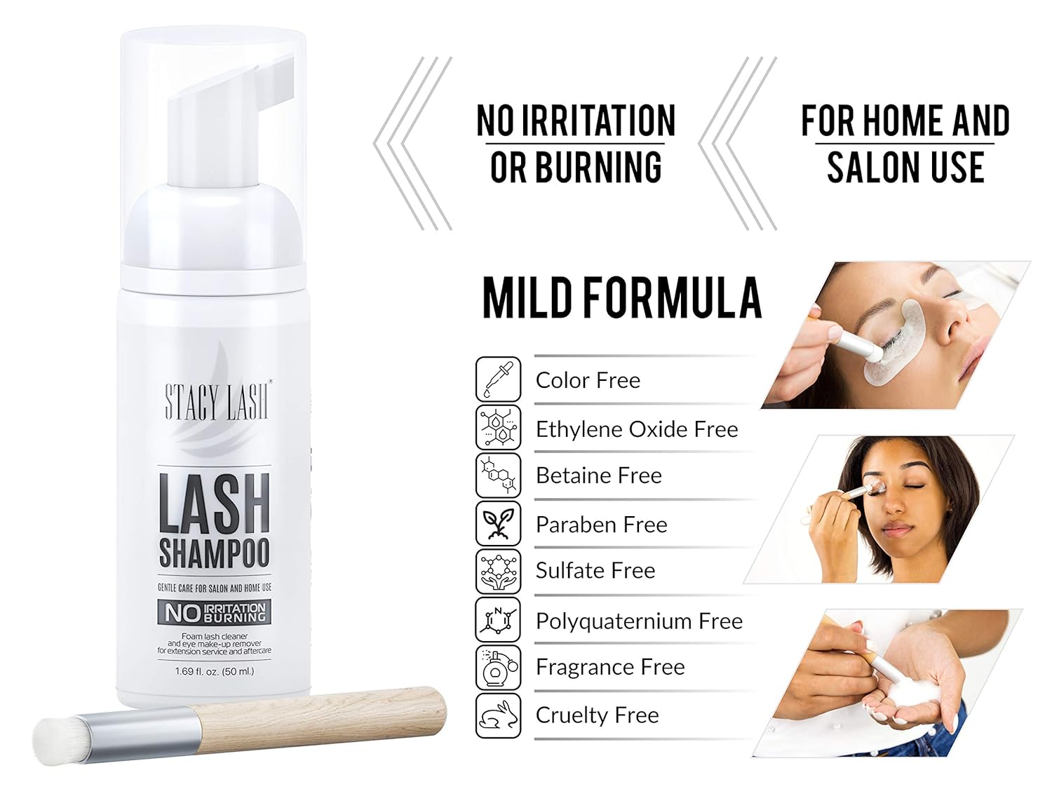 Eyelash Extension Shampoo Stacy Lash + Brush / 50ml / Eyelid Foaming Cleanser / Wash for Extensions and Natural Lashes / Paraben & Sulfate Free Safe Makeup & Mascara Remover / Professional & Self Use : Beauty