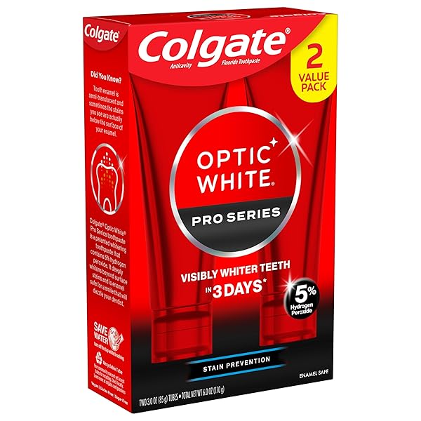 COLGATE OPTIC WHITE PRO SERIES TEETH WHITENING TOOTHPASTE WITH 5% HYDROGEN PEROXIDE, STAIN PREVENTION, MINT, 3 OUNCES (2 PACK)