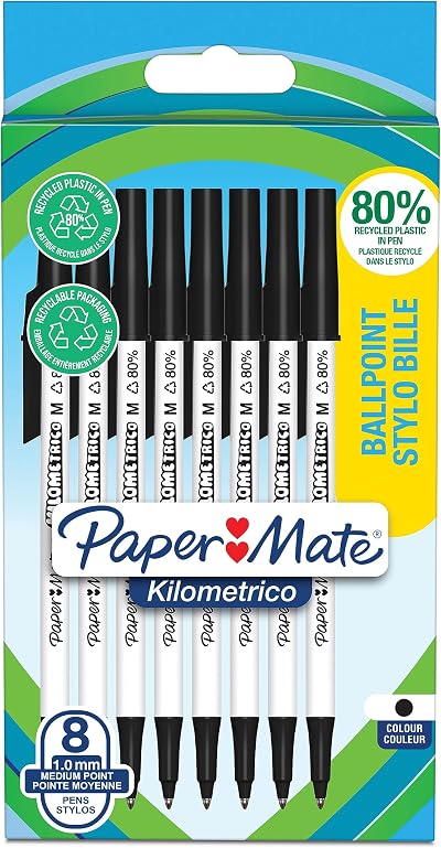 Paper Mate Kilometrico Ballpoint Pens 1.0mm Black Ink 8 Count 80% Recycled