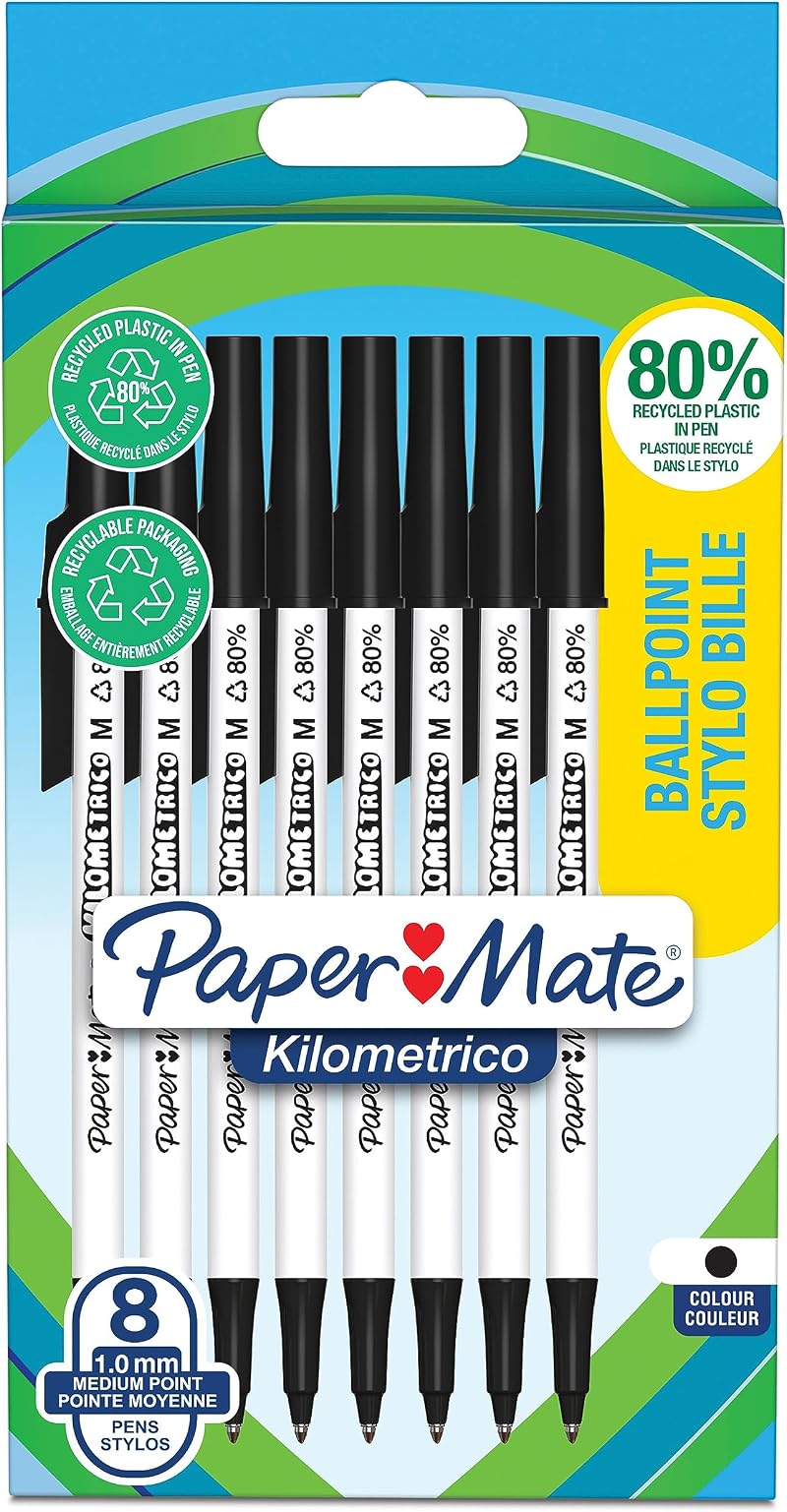 Paper Mate Kilometrico Ballpoint Pens 1.0mm Black Ink 8 Count 80% Recycled