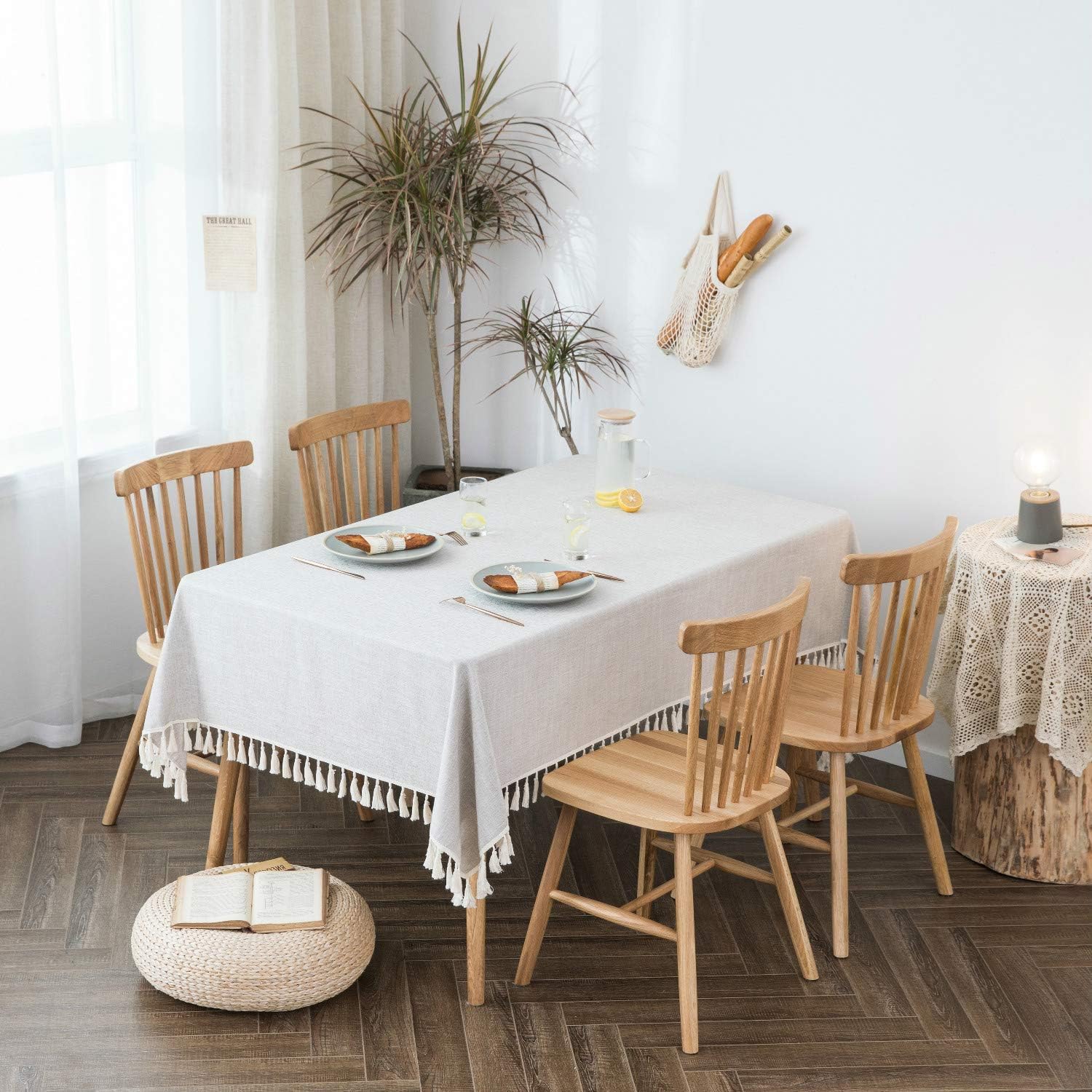 Textured Fabric Table Cloth Waterproof Heavy Weight Cotton Linen Fabric Dust Proof Table Cover for Kitchen Dinning Tabletop Decoration(54" x 102" Rectangular-Beige Texture)
