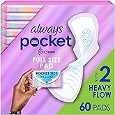 Always Pocket Feminine Pads with FlexFoam, Size 2, Heavy Flow, with Wings, Unscented, 60 Count (3 Packs of 20)