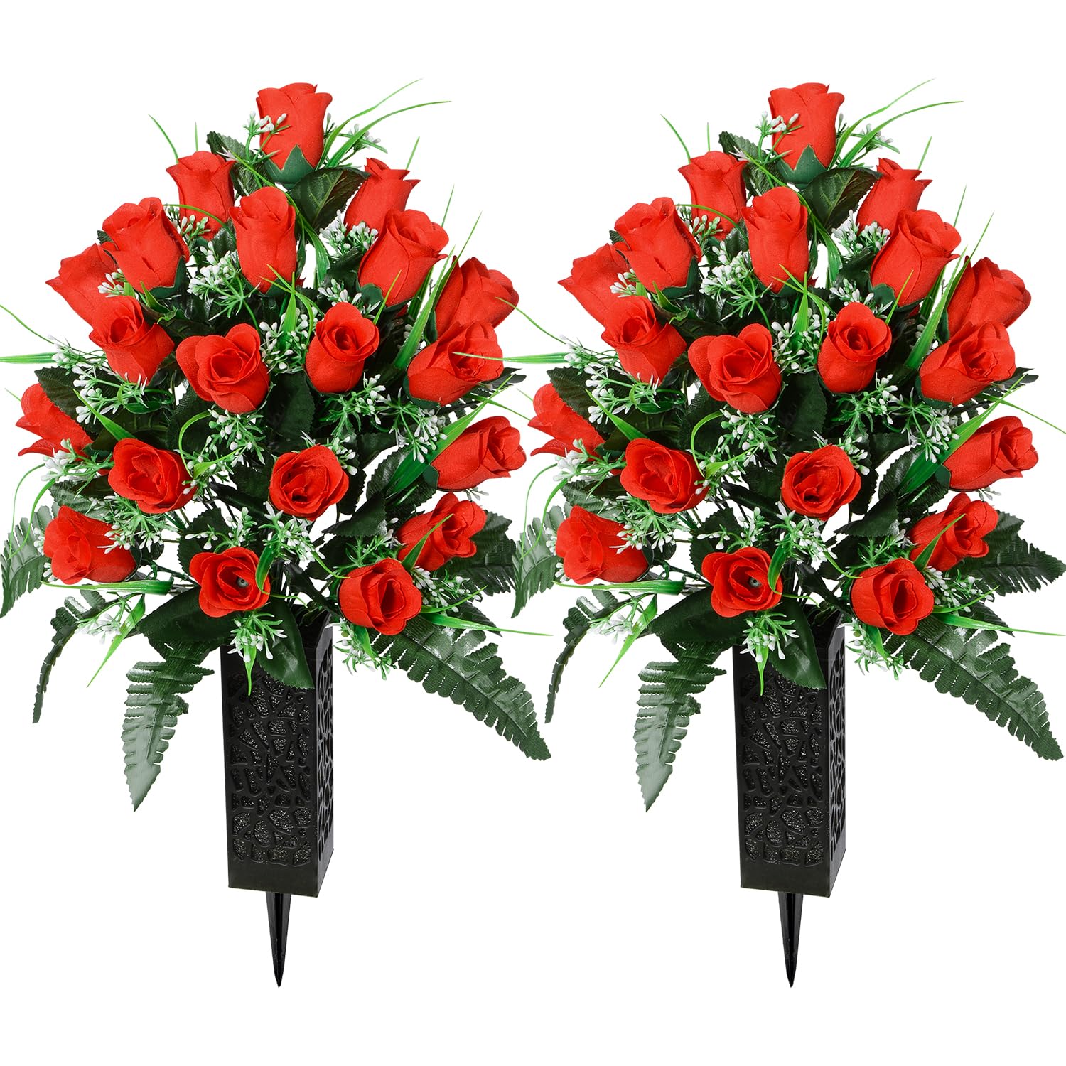 SIFOEL Set of 2 Artificial Grave Memorial Flowers Cemetery Flowers Rose Bouquet with Vase for Cemetery Graveyard Headstones Decoration (Red)