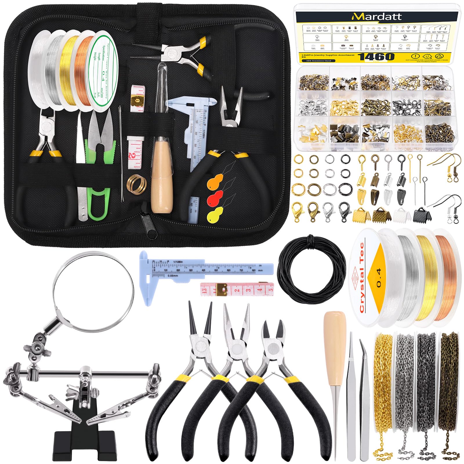 Mardatt 1488Pcs Making Supplies Kit - Magnifying Glass, Pliers, Wires, Chain, Jump Ring Opener, Tweezers - Jewelry Accessories for Repair