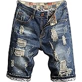 HENGAO Men's Ripped Jean Short Distressed Straight Fit Denim Shorts