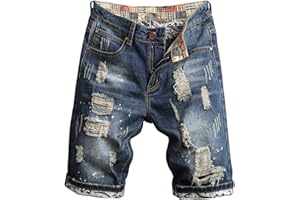 HENGAO Men's Ripped Jean Short Distressed Straight Fit Denim Shorts