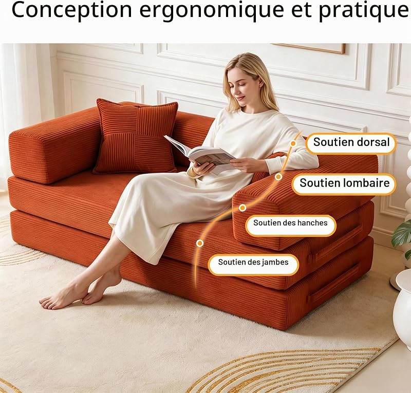 5 en 1 Versatile Canapé Compressé, Fabriqué en Velours Côtelé de Haute Qualité avec Forme de Mémoire Haute Densité, 160cm Canapé Convertible 2 Places pour Appartement, Orange