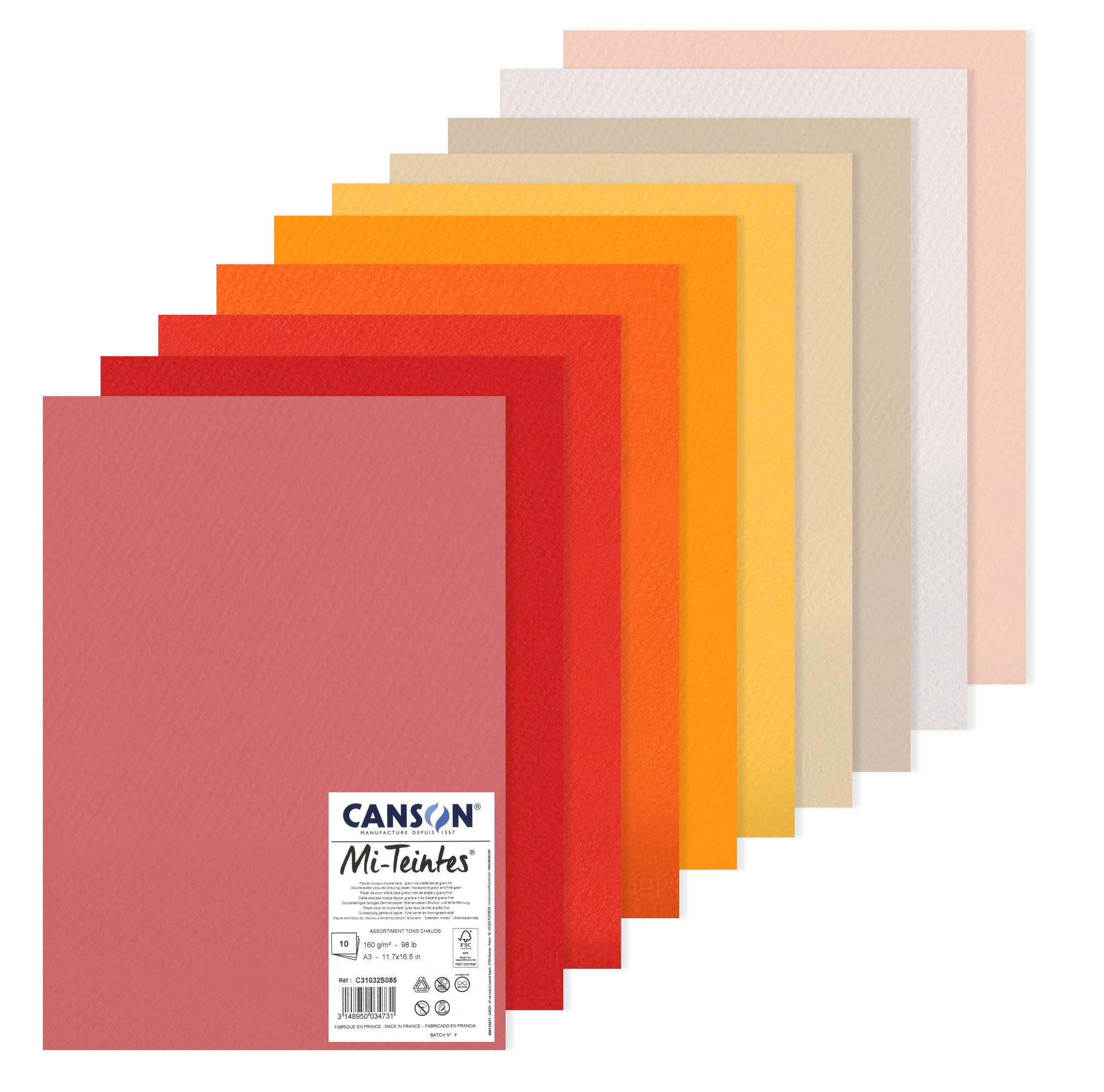 CANSON Mi-Teintes Coloured Drawing 160gsm A3 Paper Pack, Double Sided: Honeycomb & Fine Grain, 10 Warm Tones Sheets, For Professional Artists & Illustrators