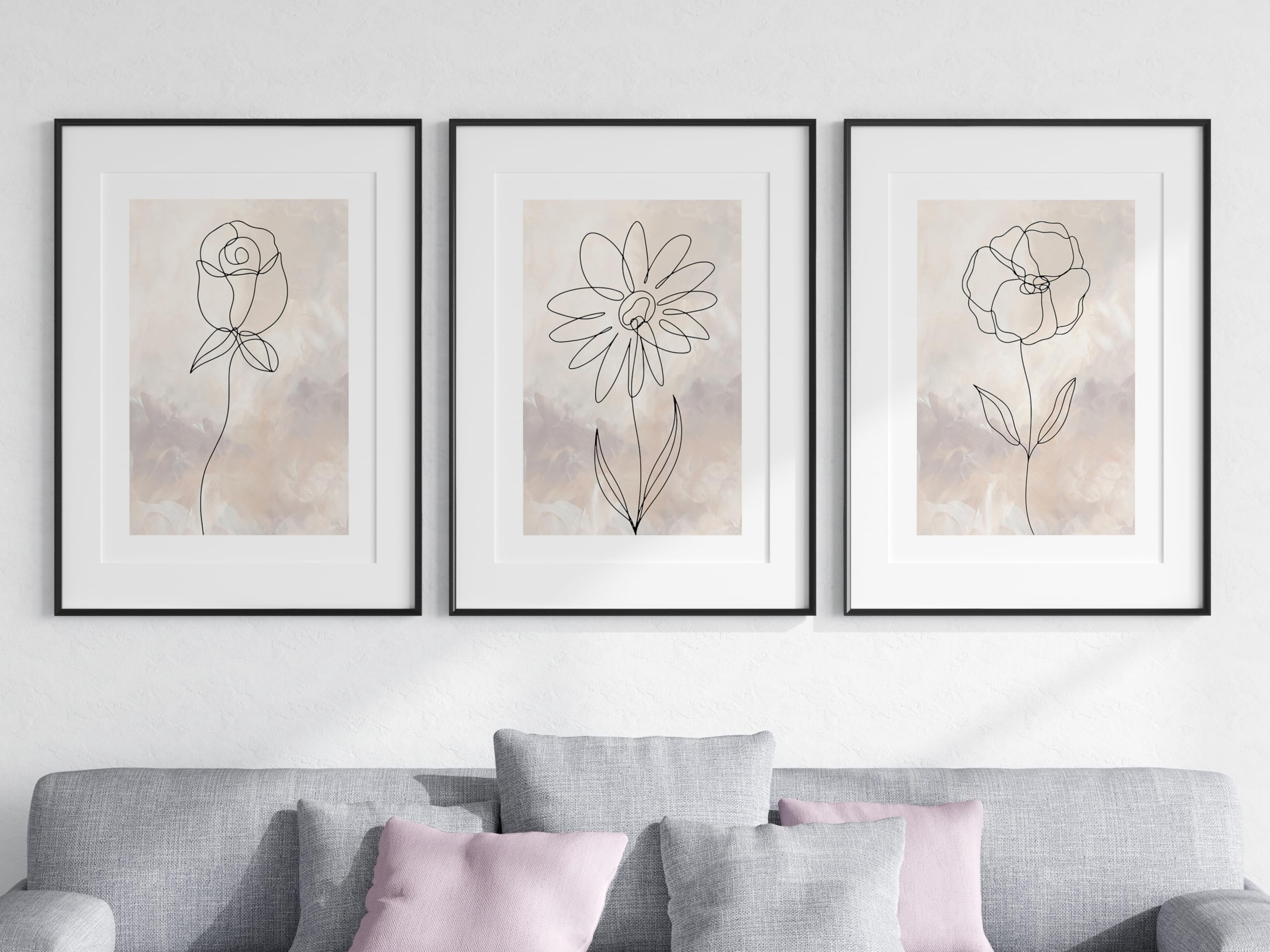 Neutral Flower Botanical Line Art Set of 3 Unframed Prints, Minimalist Abstract Wall Art Decor, Rose Sunflower Poppy Flowers, Neutral Acrylic Texture, Living Room Lounge Bedroom Poster Home Decor (A4) — image 1