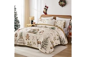 DJOYMOCK Christmas Quilt Set Queen Size, Christmas Theme Bedding Set, 3 Pcs Brown Xmas Tree Ball Gingerbread Man Snowman Snowflake Truck Winter Cute Cartoon Bedspread Coverlet for Girls Boys Kids Gifts