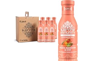 KARVIVA Organic Immunity Support Plant Based Juice, 6 bottles, 12 fl oz each, Peach Mandarin and Kiwi Flavor, Natural Electrolyte and High in Antioxidants, Non GMO, Low Glycemic Index