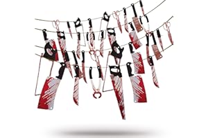 Boxgear 4-Pack Bloody Garland Banner - Fake Knives with Fake Blood Banner Halloween Decorations Outdoor - Includes Butcher Knife, Saw, Scissors, Weapons - Scary Halloween Party Decorations Supplies