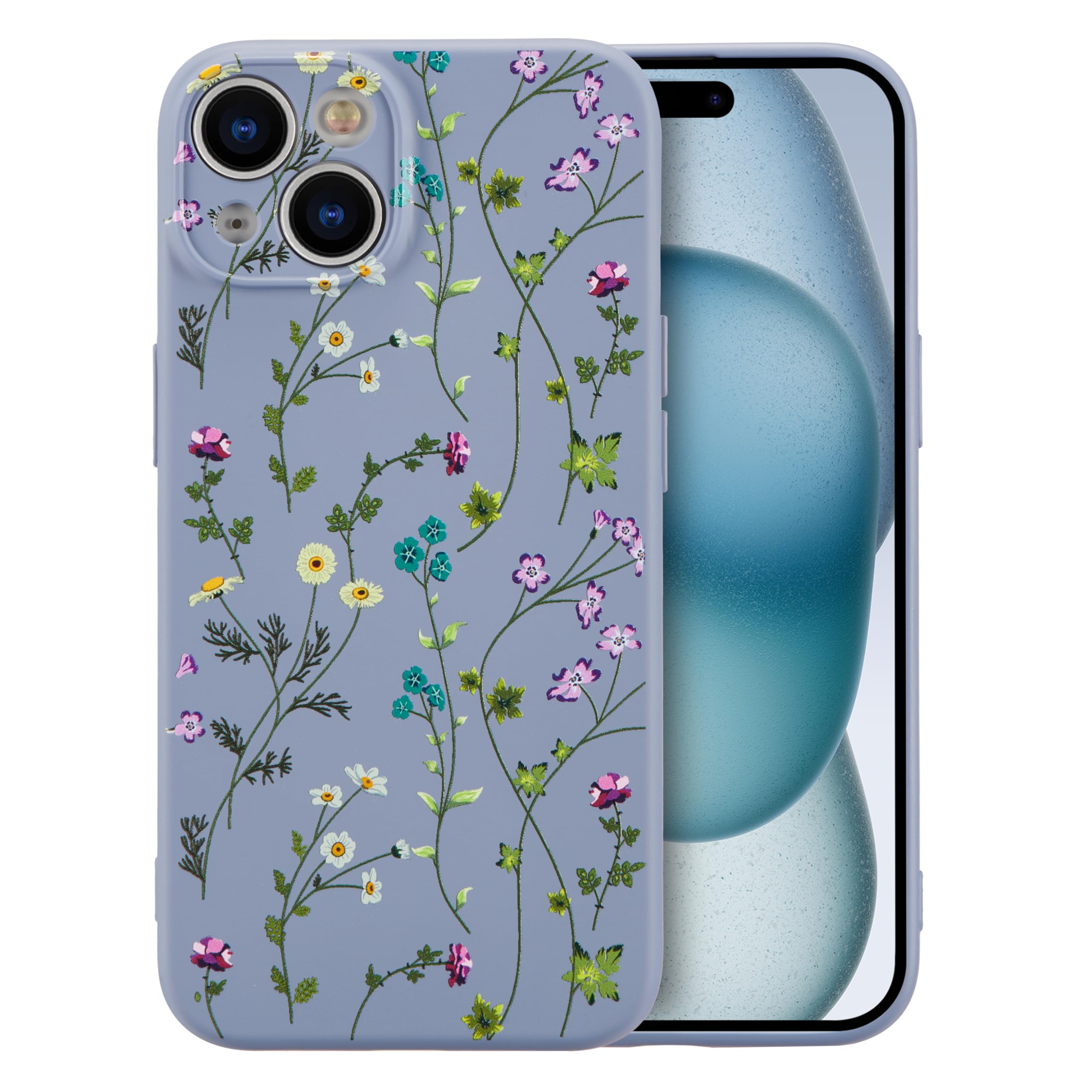 RALEAVO Flower Case for iPhone 15, Liquid Silicone Shockproof Protection Case Cover for Girls Women with Aesthetic Cute Floral Patterns Soft Slim Phone Case for iPhone 15 6.1"-Grey — image 1