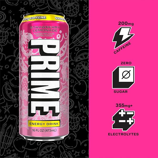 PRIME ENERGY STRAWBERRY LEMONADE, SUGAR FREE ENERGY DRINK, 200MG CAFFEINE AND 355MG OF ELECTROLYTES FOR HYDRATION, LOW CALORIE, VEGAN, GLUTEN FREE,16 FLUID OUNCE, 12 PACK