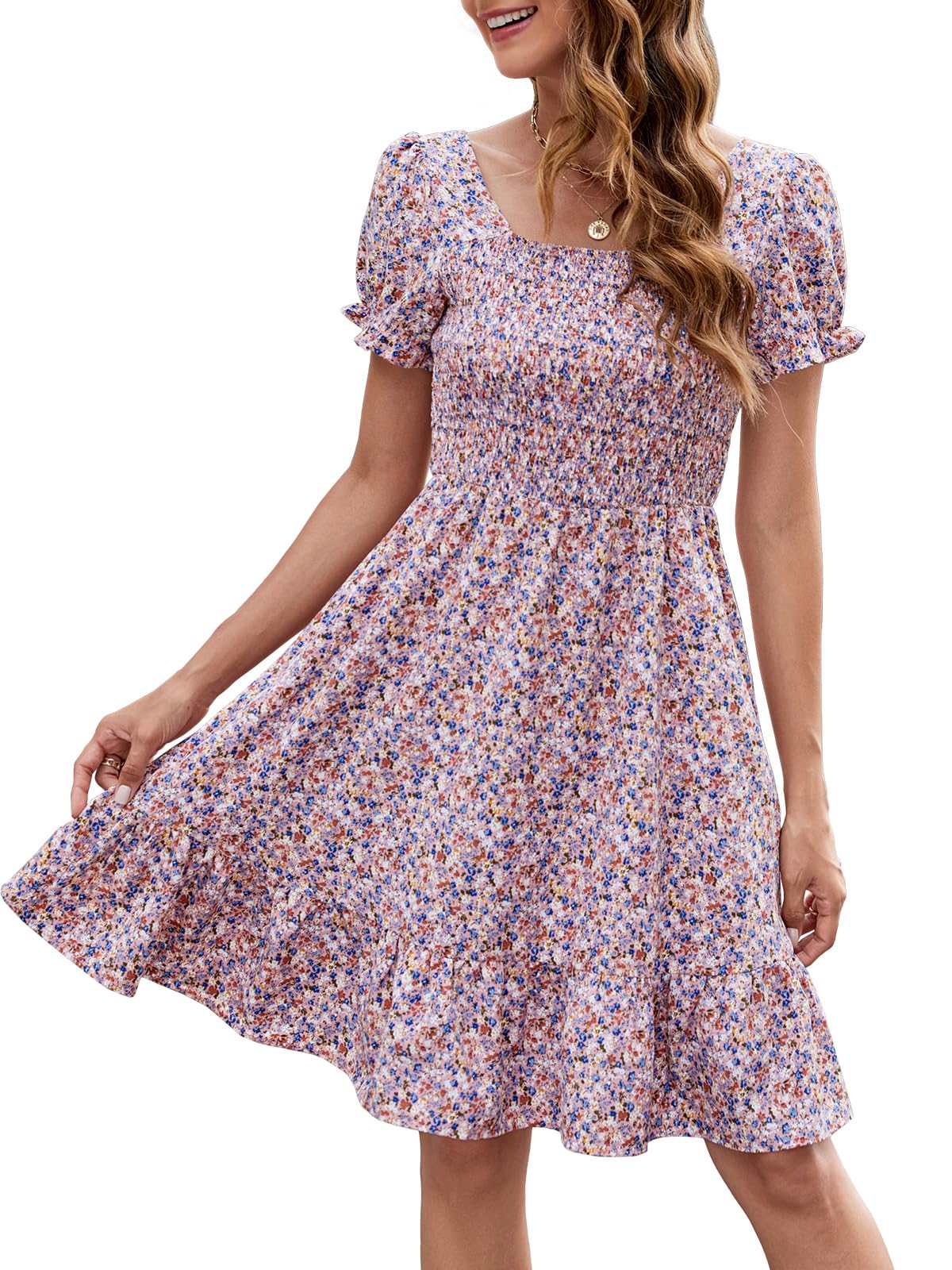 Photo 1 of Lyrur Summer Babydoll Dress for Women Casual Aline Puff Sleeve Square Neck Tiered Cute Flowy Flower Dresses (M,7036 Pink Floral)