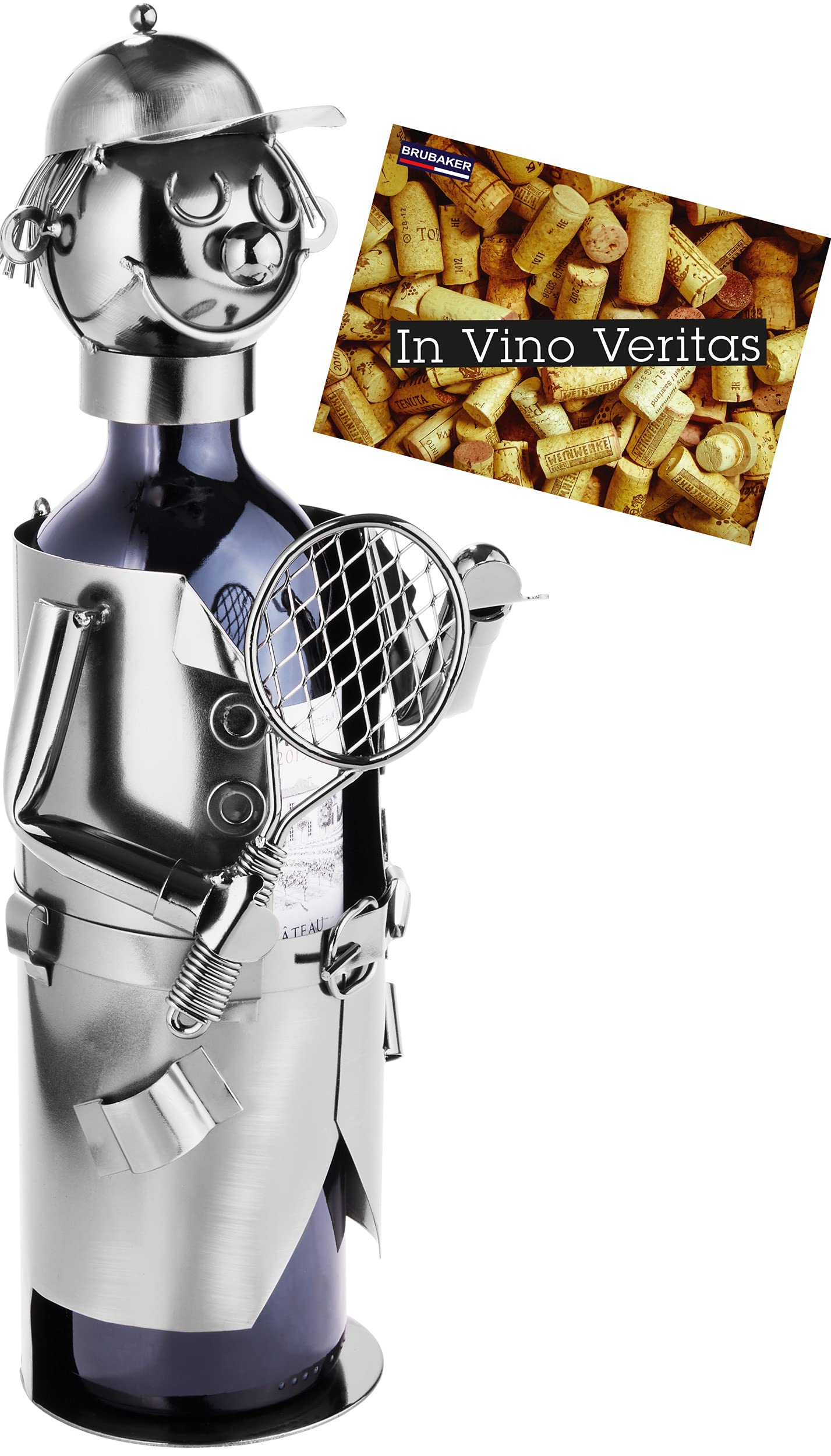 BRUBAKER Metal Bottle Rack Tennis Player, Silver, Tabletop Mount