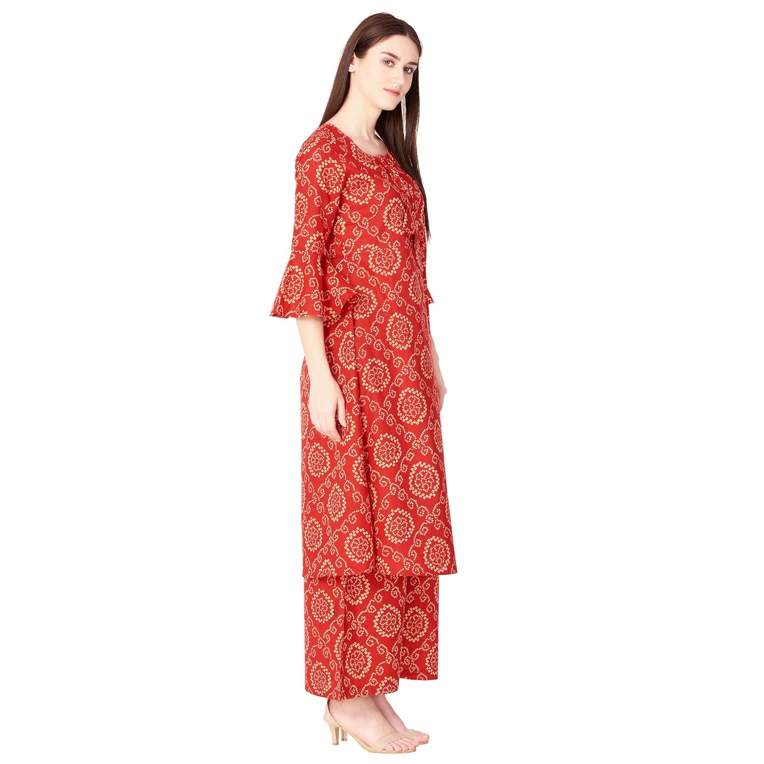 ortange readymade women's cotton kurta, palazzo with printed dupatta set