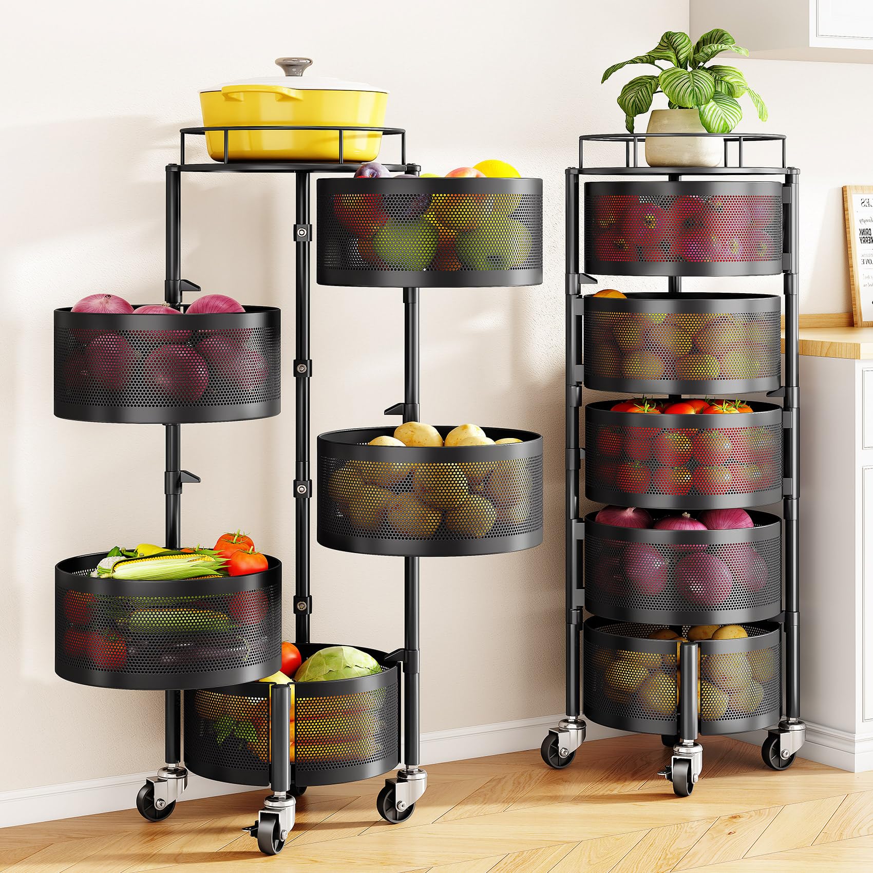 Photo 1 of SNTD Fruit and Vegetable Basket Bowls for Kitchen with Metal Top Lid, 5 Tier Rotating Storage Rack Cart for Potato Onion Bread Banana, Wire Basket Organizer on Wheels, Large, Black